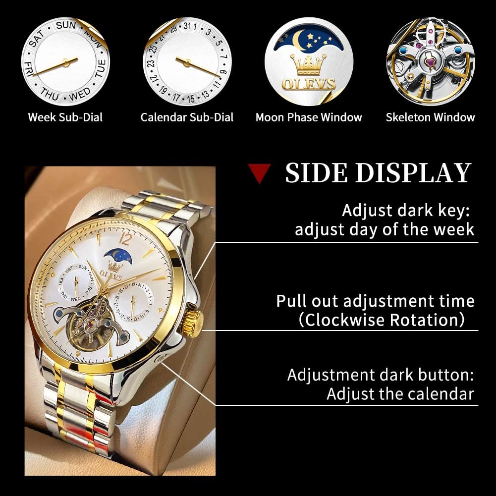 OLEVS Men's Automatic Mechanical Watch Self Winding Skeleton Tourbillon Moon Phase Luxury Dress Wrist Watches Dual Calendar Waterproof Luminous