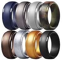 Mens 8mm Wide Step Edge Silicone Wedding Bands 8pcs Pack Black Blue Camo Coffee Rubber Rings,US Size 7-14