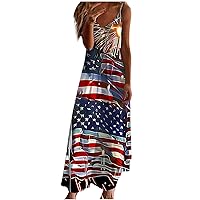 Womens 4th of July Maxi Dress Vintage Stars Stripes Sleeveless V Neck Sundress Spaghetti Strap Flowy Beach Dresses