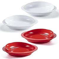 4 Pack - Anti-Spill Scoop Plate with Lip Edge | Eating Utensils for Elderly Patients | Scoop Plates for Disabled Adults from Parkinsons, Stroke, Tremor | Non Skid Padded Bottom (Red & White)