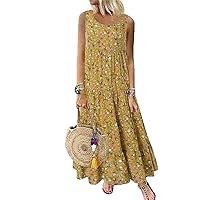 Bohemian Dress Women Casual Sleeveless Neck Floral Print Loose Long Oversized Beach Sundress