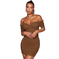 Women Dresses Off Shoulder Frill Ruched Bodycon Dress