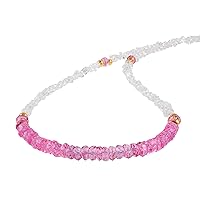 Vatslacreations Genuine Herkimer Diamond & Pink Topaz Necklace - 925 Silver Chain, Raw Rough Diamonds - 18'' Gemstone Strand - Elegant Gift for Ladies (2-4mm Beads)