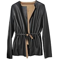 Women’s Black Genuine Sheepskin Round Neck Casual European Streetwear Top Fashion Pleated Simple Classic Leather Coat