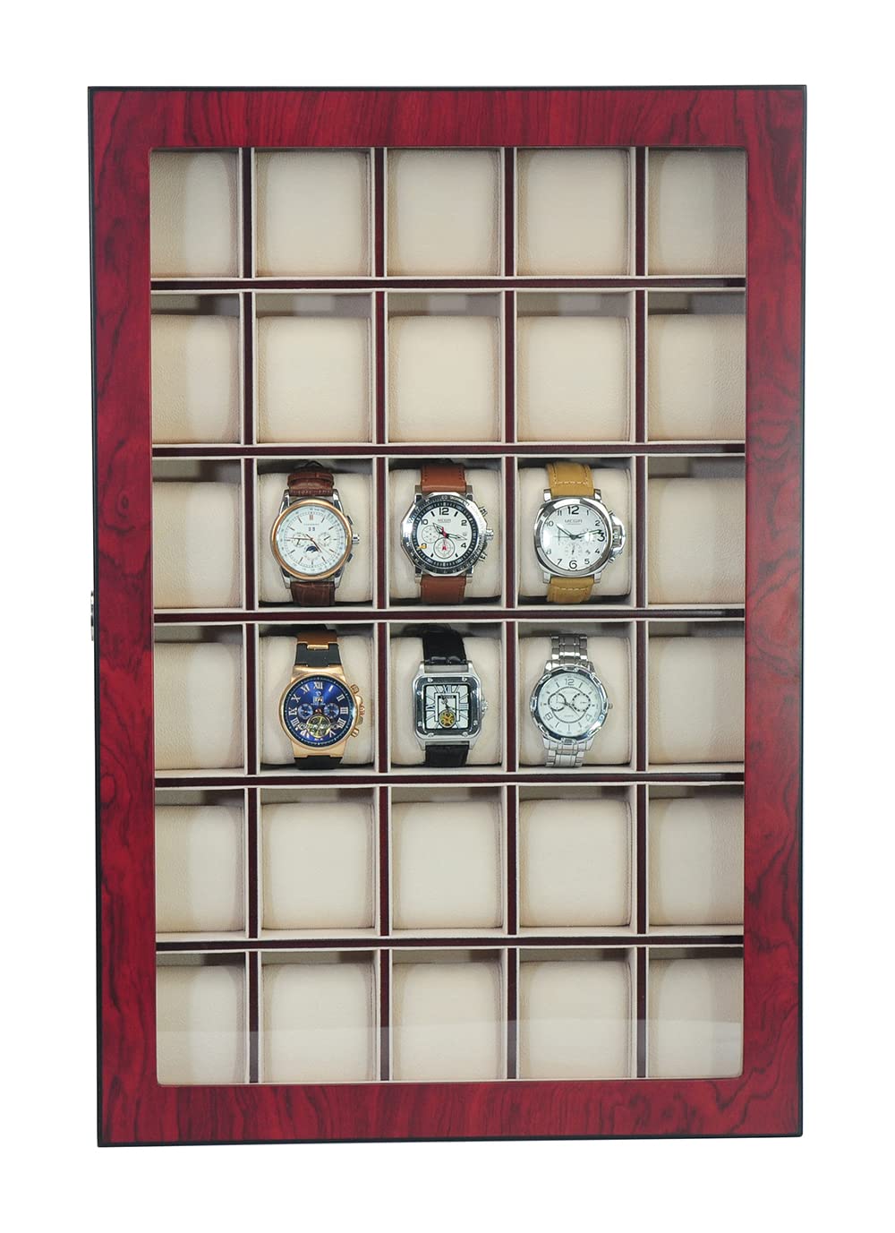 TimelyBuys 30 Piece Cherry Wood Watch Display Wall Hanging Case and Storage Organizer Box and Stand Father's Day