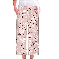 Ethnic Style Floral Capri Pants Women Comfy Loungewear Pants Elastic High Waist Baggy Wide Leg Trousers with Pockets