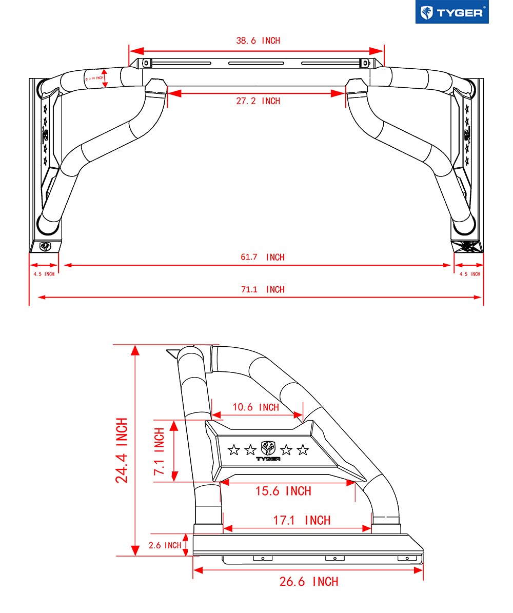 Tyger Auto Sport Bar Compatible with 2002-2018 Dodge Ram 1500; 2019-2023 Classic 5.5' Bed; 2004-2023 F-150; 2007-2021 Tundra | Fleetside | TG-SB7D88348 | Textured Black | Light Mount | Roll Bar