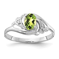 Solid 14k White Gold 6x4mm Oval Peridot Green August Gemstone Checker Diamond Engagement Ring (.014 cttw.)