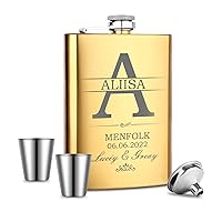 Groomsmen Gifts, Personalized Custom Flask with Text, Flasks for Liquor for Men, Stainless Steel Flask for Wedding or Party (Gold)