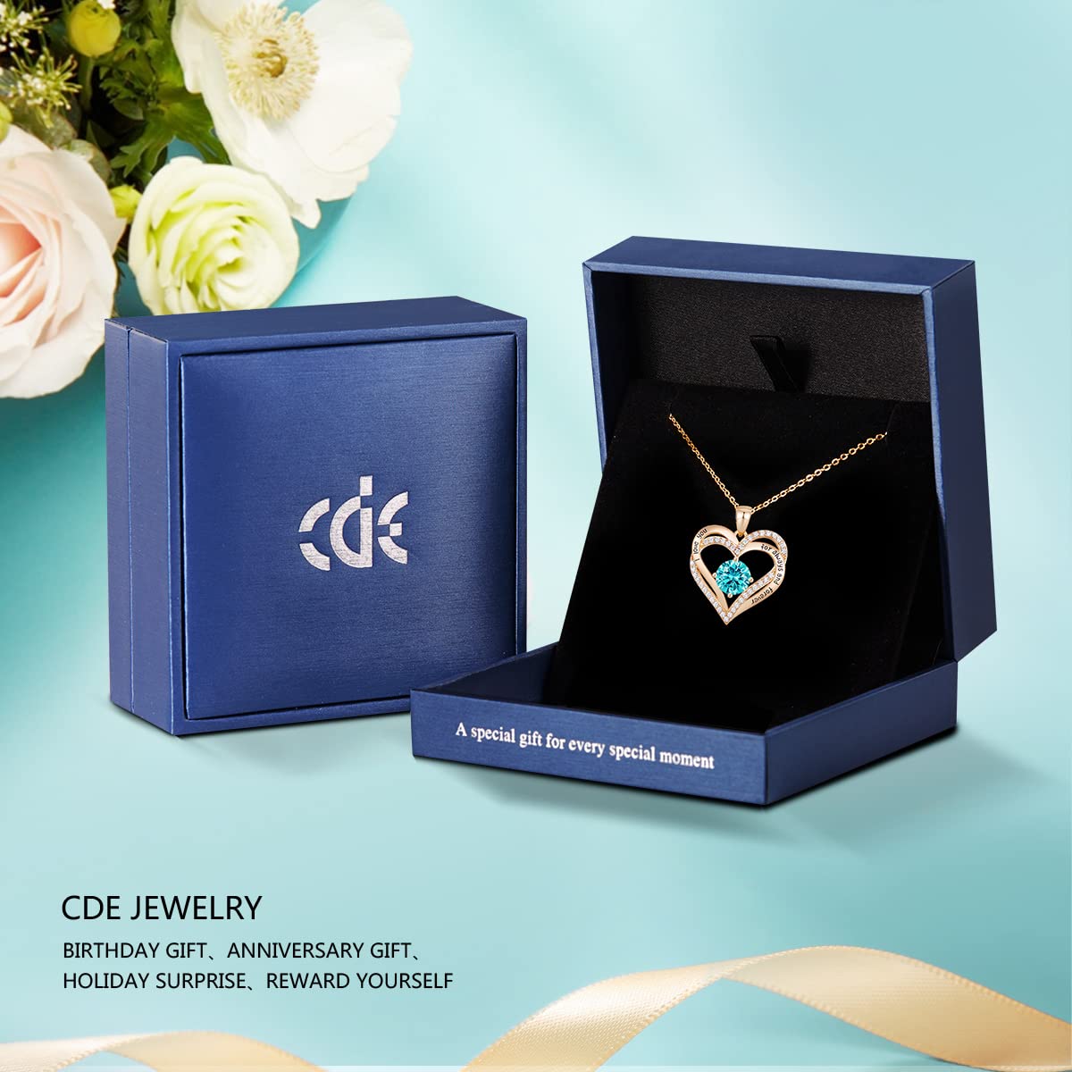 CDE Forever Love Heart Pendant Necklaces for Women 925 Sterling Silver with Birthstone Zirconia, Anniversary Birthday Gifts for Wife, Jewelry Gift for Women Mom Girlfriend Girls Her