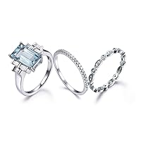 Blue Aquamarine Wedding Ring Set,6x11mm Emerald Cut Natural Gemstone Diamond Stacking Band Set White Gold