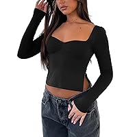 Womens 2023 Trendy Tops Going Out Crop Tops Y2K Long Sleeve Bustier Top Cute Sweetheart Neck Tee Shirt with Slit