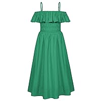 GRACE KARIN Girls Off Shoulder Sleeveless Ruffle Dress Spaghetti Straps Smocked A-Line Midi Dress 5-12Y