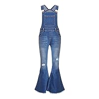 Kids Girls Ripped Denim Overalls Raw Hem Washed Bell Bottom Jeans Jumpsuit Suspender Pants with Pockets