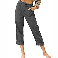ZunFeo Summer Linen Capris for Women Button Waist Mid Rise Solid Linen Pants Casual Loose Beach Pants Folding Trouser Legs