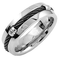7mm Titanium Ring with Black Stainless Steel Cable and Comfort Fit