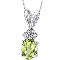 PEORA Peridot with Genuine Diamonds Pendant in 14 Karat White Gold, Dainty Solitaire, Oval Shape, 7x5mm, 1 Carat total