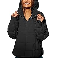 Flygo Womens Quilted Pullover Puffer Jackets Packable Hooded Oversized Winter Coat Fall Jacket Tops(Black-M)