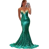 Spaghetti Straps Sequins Mermaid Prom Party Dresses with Gold Applique 2020 Formal Evening Gown Cross Back