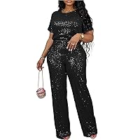 Vaceky Women's Sparkly Sequin T-Shirt & Pants Set Crewneck Short Sleeve Top Straight Leg Baggy Trouser Party Outfits