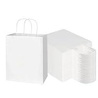 Toovip 100 Pack 8x4.75x10 Inch Medium White Kraft Paper Bags with Handles Bulk, Gift Wrap Bags for Favors Grocery Retail Party Birthday Shopping Business Goody Craft Merchandise Take Out Bags Sacks