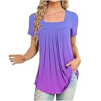 Women's 2024 Summer Tunic Tops Hide Belly Shirts Square Neck Short Sleeve Tshirt Loose Longline Blouse for Legging