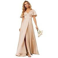 Loyeloy Women's V Neck Ruffle Sleeves Bridesmaid Dresses with Slit 2024 Satin A-Line Formal Evening Gowns
