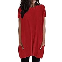 Red Ladies Tops and Blouses Womens Summer Casual Solid Loose Pullover Crewneck Shirts Short Sleeve Tunic Tops