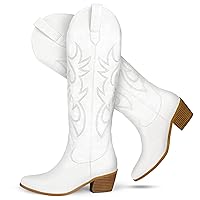 Cowboy Boots for Women,Western Pointed Toe Chunky Heel Pull-On Knee High Cowgirl Boots Fashion Embroidered Tall Boots