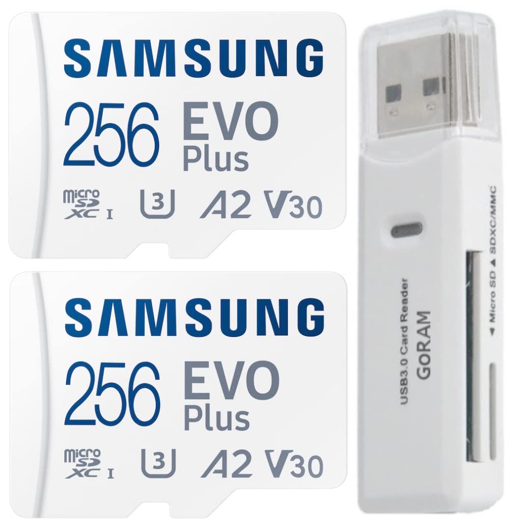 Samsung EVO Plus 256GB (2 Pack) MicroSDXC 130MB/s Class 10 Micro SD Card with Adapter (MB-MC256KA) Bundle with (1) GoRAM Card Reader (256GB)