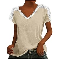 Womens Lace V Neck T Shirts 2024 Fashion Solid Color Short Sleeve Tops Summer Dressy Casual Blouses Loose Comfy Lightweight