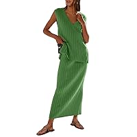 ANRABESS Women's 2 Piece Outfits Summer Sweater Skirt Sets Casual Sleeveless V Neck Ribbed Vest Knit Tops Midi Dress