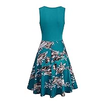 Women's Bohemian Print Flowy Swing Round Neck Glamorous Dress Casual Loose-Fitting Summer Beach Sleeveless Knee Length
