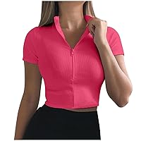 Women Stand Collar Cropped Top Sexy Ribbed Yoga Shirts Half Zip Workout Tee Slim Fit Workout Crop Top Short Sleeve