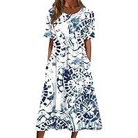Summer Dresses for Women Round Neck A Line Pleate Short Sleeve Dress Floral Print Maxi Dress with Pocket