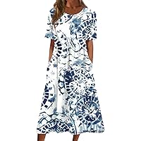 Summer Dresses for Women 2023 Trendy Plus Size Floral Beach Dress Short Sleeve Casual Loose Tshirt Dress Pocket