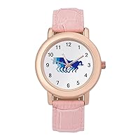 Blue Retro Horse Silhouette Fashion Leather Strap Women's Watches Easy Read Quartz Wrist Watch Gift for Ladies