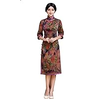 Cheongsam Dresses Silk Printed Mock Neck Oblique Placket Short Sleeve Qipao H3212M Brown