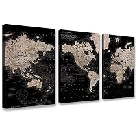 Vintage World Map, Large Canvas Wall Art, Large World Canvas Prints Framed and Stretched Wall Art for Living Room Large Size Ready to Hang 16''x24'' 3 Piece