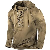 Mens Lace Up Henley Long Sleeve Shirts Outdoor Military Tactical Retro Distressed Hoodie Drawstring Hooded Sweatshirt