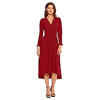Maggy London Women's V-Neck Hi-lo Midi Dress with Gathered Waist and Ruffle Details