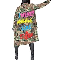 LKOUS Women's Casual Camo Jackets, Camouflage Long Sleeve Long Coats Cardigan Outerwear with Pocket
