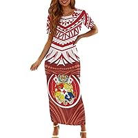 Women's Two Piece Outfits Polynesian Puletasi Samoan Tatau Print Short Sleeve Maxi Dress Sets