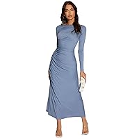 Floerns Women's Solid Boat Neck Long Sleeve Ruched Side Party A Line Long Dress