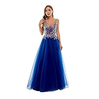 Womens Blue Zippered Lined Mesh Tulle Sheer Lace Up Back Spaghetti Strap V Neck Full-Length Party Gown Dress Juniors 5