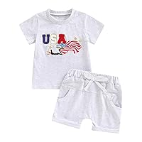 VISGOGO 4th of July Baby Boys Shorts Set Short Sleeve Embroidery Letters T-shirt Toddler 4th of July Summer Outfit