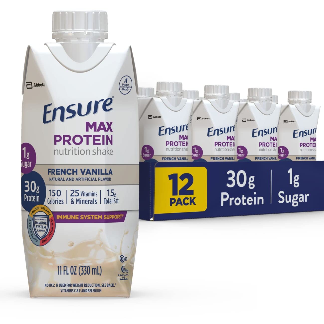 Ensure Max Protein Nutrition Shake with 30g of Protein & Max Protein Nutrition Shake with 30g of Protein, 1g of Sugar, High Protein Shake, Creamy Strawberry, 11 fl oz, (Pack of 12)