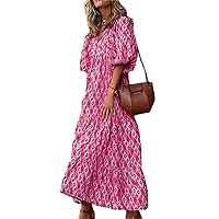 Boho Casual Loose Long Sleeve Maxi Dress for Womens Vintage Print Pleated Crewneck Flowy Baggy Long Dress