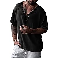Men's Cotton Linen Brief Breathable T Shirts Comfy Casual Beach Blouse Solid Color Hip-Hop Short Sleeve