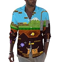 Retro Video Game Playing Men's Long Sleeve Button Down Shirt Casual Regular-Fit Beach Shirts with Pocket